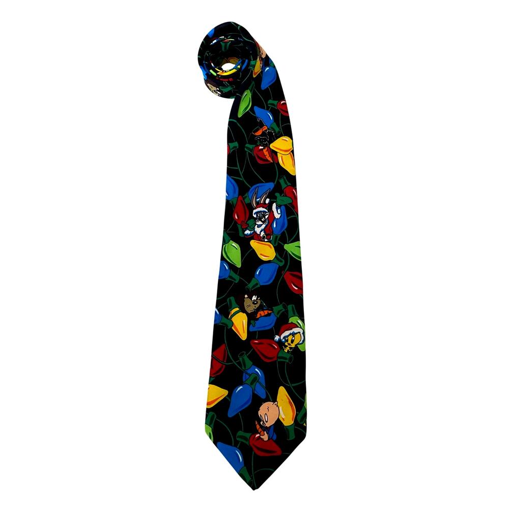 Looney Tunes Men's Tie Black Red Blue Christmas Lights Taz Porky Pig Tweetie